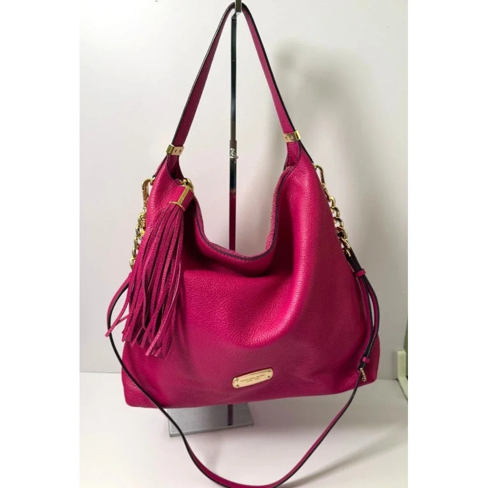 RARE Michael Kors Fuchsia Pebbled Leather Chain Hobo Shoulder Bag Gold Hardware